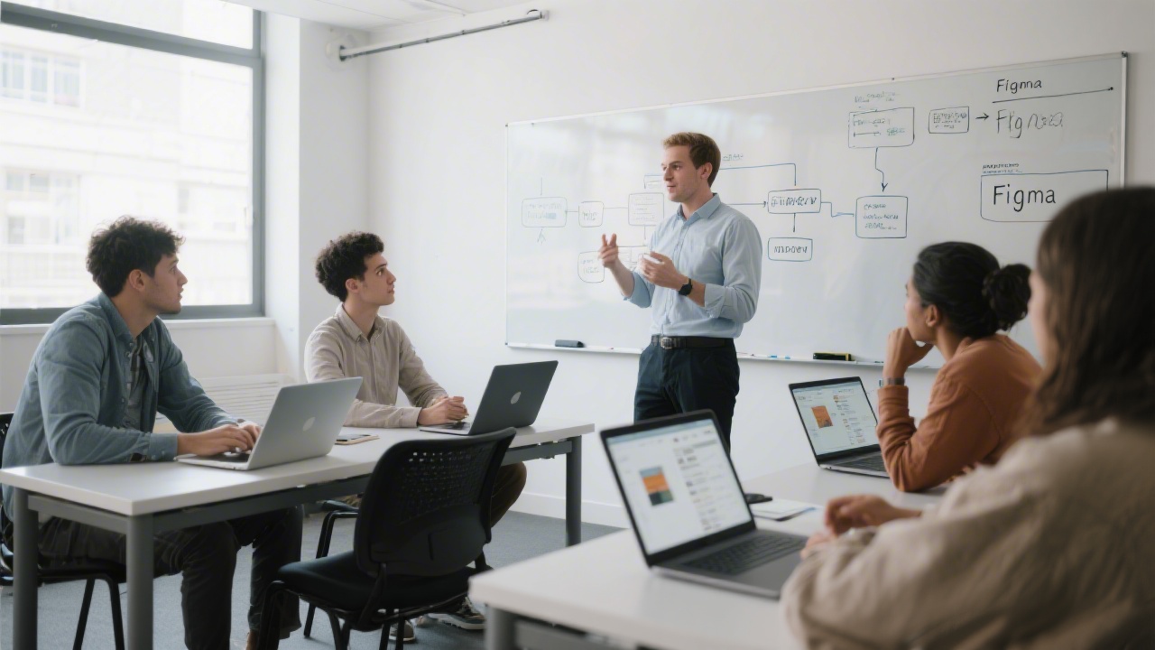 Small group of designers in a modern classroom setting, laptops open with Figma projects, instructor speaking near a whiteboard with workflow diagrams.