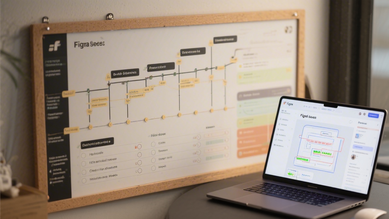 Project timeline board with milestones, tasks, and handoff checklists, alongside a laptop showing Figma specs and annotations used for developer delivery.