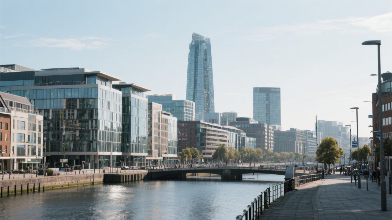 Dublin cityscape with modern office buildings near the river, showcasing a clean urban business district and the type of environment where product teams operate.