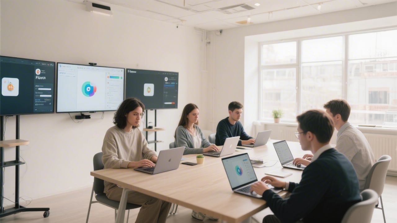 Bright training studio with designers working on laptops, Figma interface visible on screens, collaborative table setup, neutral modern interior with natural light and subtle technology accents.