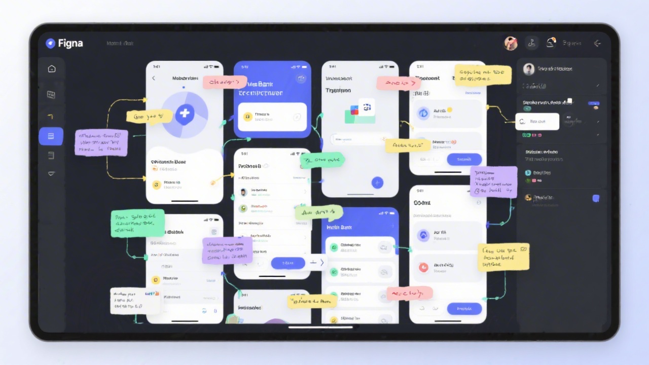 Figma screen showing a mobile banking interface prototype with multiple artboards connected by arrows and notes, used for stakeholder review and usability testing.