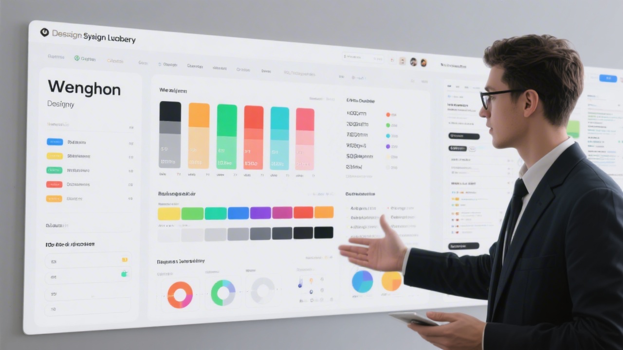 Designer presenting a design system library with typography scales, color tokens, and component states, accompanied by documentation panels for developers.
