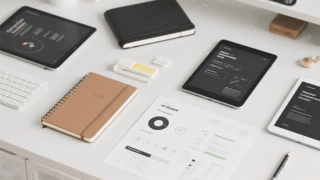 Flat lay of design resources including notebooks, tablets, and printed UI guidelines, showing an organized workspace for professional design education and planning.